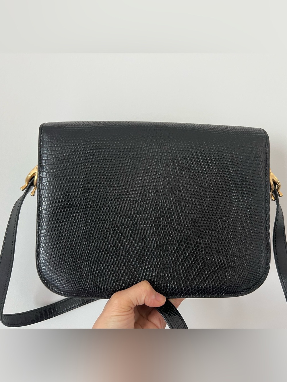 Celine Black Lizard-Embossed Leather Crossbody with Gold Carriage Plaque - Picture 2 of 11